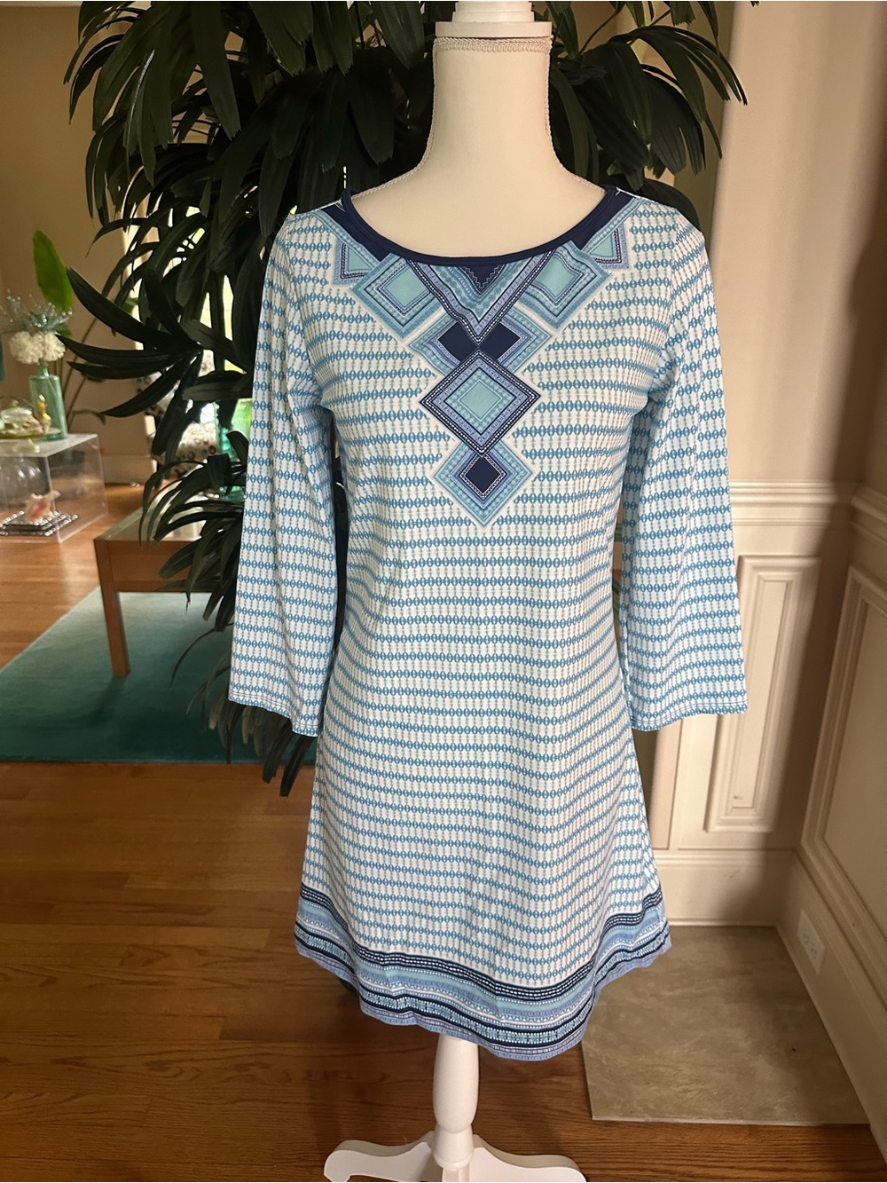 💙NWOT Cabana Life Resort Blue Geo-Print UPF Swim Coverup LS Shift Dress S💙